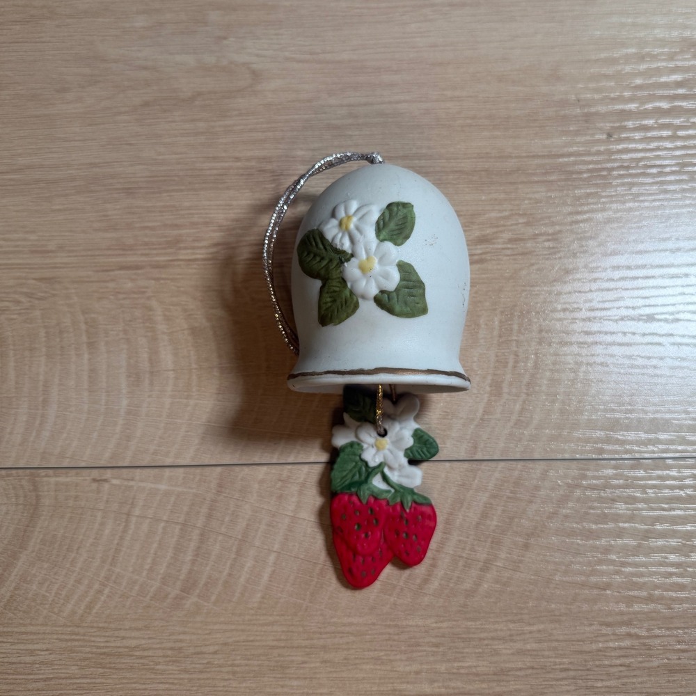 Vintage 1981 Jasco Strawberry Porcelain Bell Ornament White Floral Cottagecore